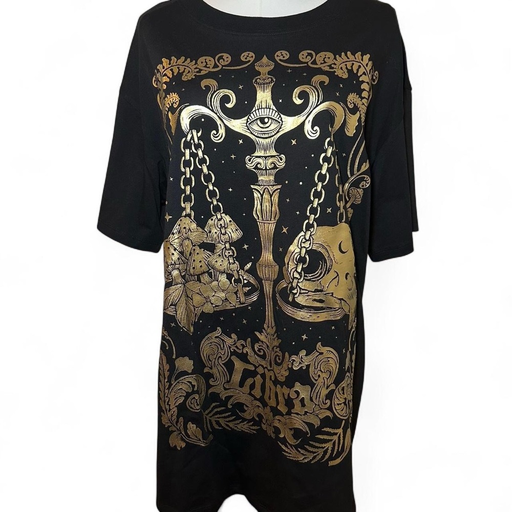 NWT Dolls Kill Libra Black and Gold Graphic Tee Gothic Celestial